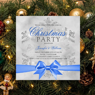 Silver Glitter & Blue Ribbon   Xmas Holiday  Invitation