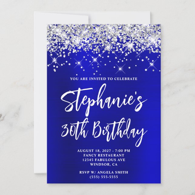 Silver Glitter Blue Satin Bold 30th Birthday Invitation (Front)