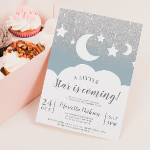 Silver glitter blue star moon cloud baby shower invitation