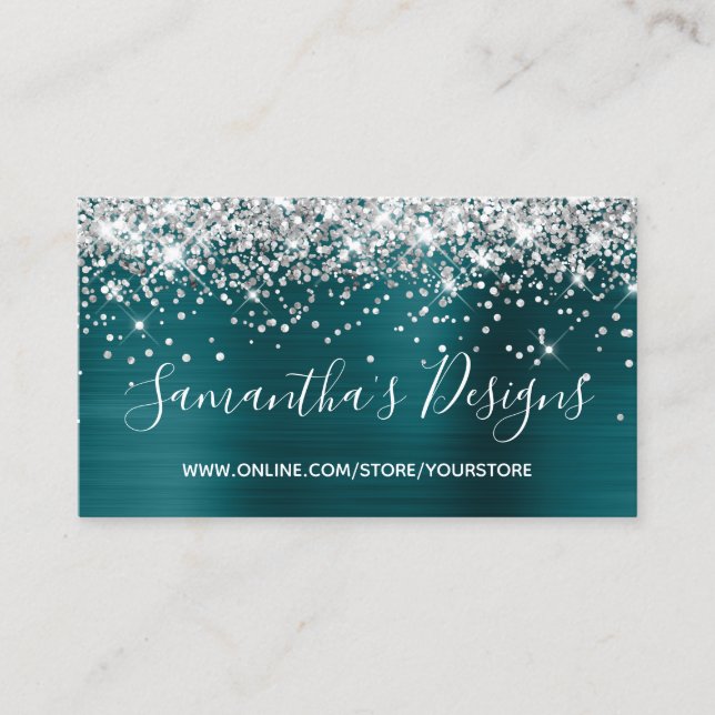 Silver Glitter Blue Teal Foil Online Store Business Card (Front)