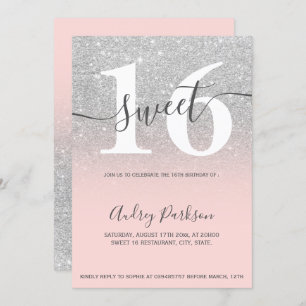 Silver glitter blush coral ombre girly Sweet 16 Invitation