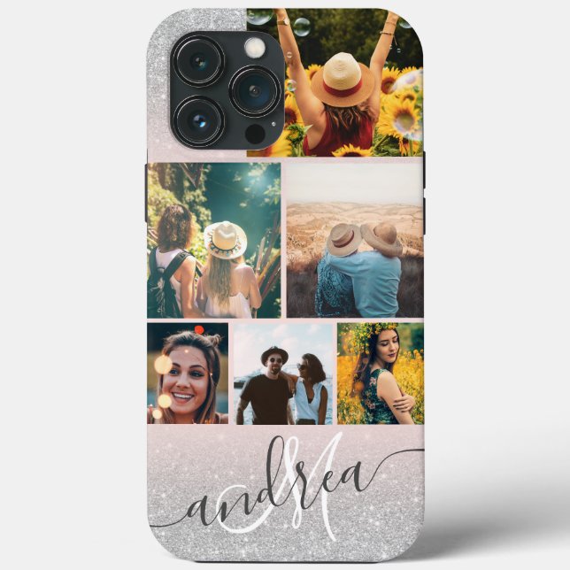 Silver glitter blush monogram 6 photos collage Case-Mate iPhone case (Back)