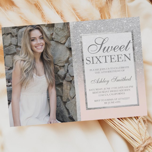 Silver glitter blush ombre photo Sweet 16 Invitation (Creator Uploaded)