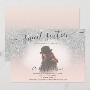 Silver glitter blush pink chic Sweet 16 photo Invitation