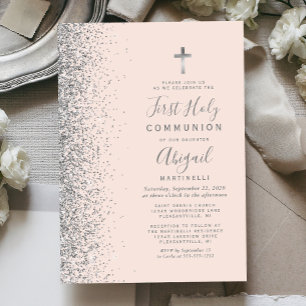 Silver Glitter Blush Pink First Holy Communion Invitation