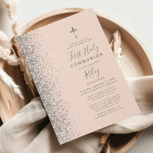 Silver Glitter Blush Pink First Holy Communion Invitation