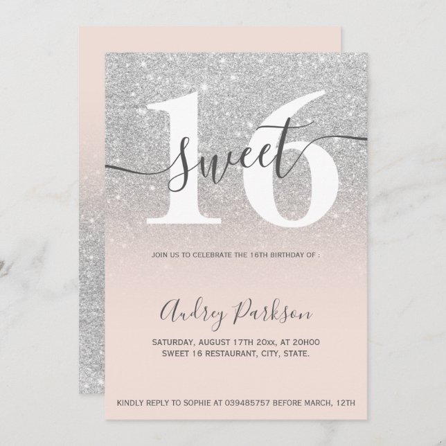 Silver glitter blush pink ombre girly Sweet 16 Invitation (Front/Back)