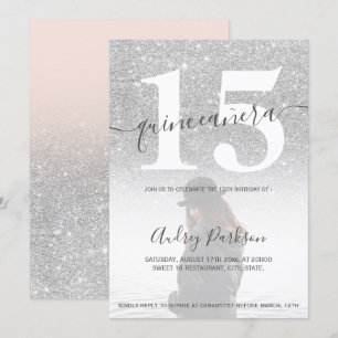 Silver glitter blush pink quinceanera photo invitation