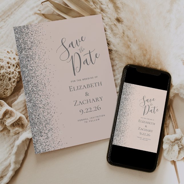 Silver Glitter Blush Pink Save the Date Announcement (Creator Uploaded)