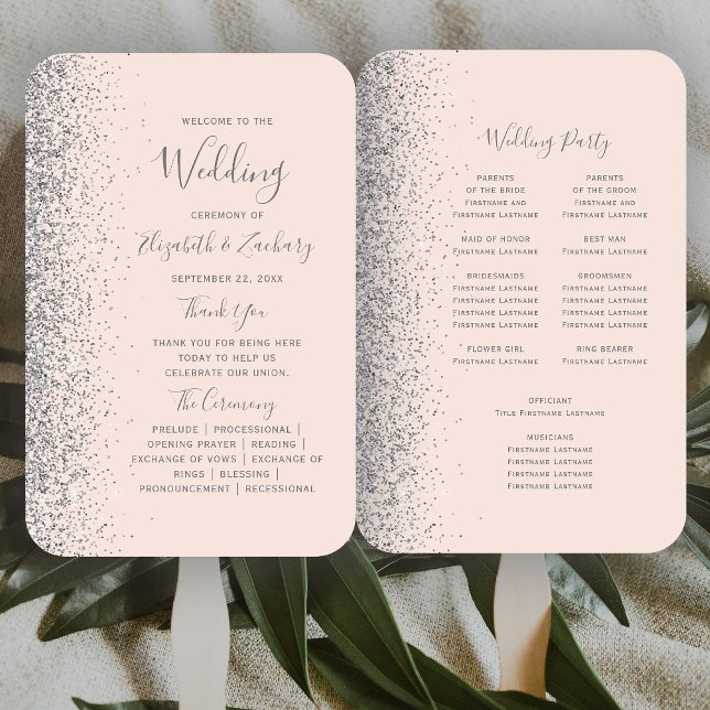 Silver Glitter Blush Pink Wedding Program Hand Fan (Creator Uploaded)