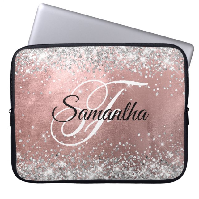 Silver Glitter Blush Rose Gold Ombre Foil Monogram Laptop Sleeve (Front)