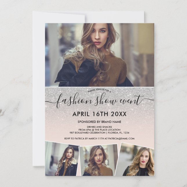 Silver glitter blush script photos fashion show invitation (Back)