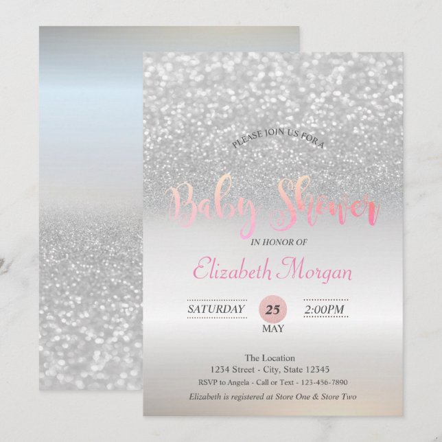 Silver Glitter Bokeh Baby Shower Invitation (Front/Back)