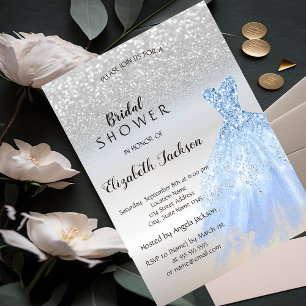 Silver Glitter Bokeh Blue Dress Bridal Shower Invitation