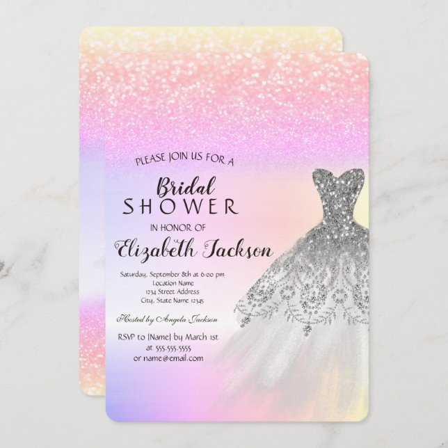Silver Glitter Bokeh  Dress Ombre Bridal Shower  Invitation (Front/Back)