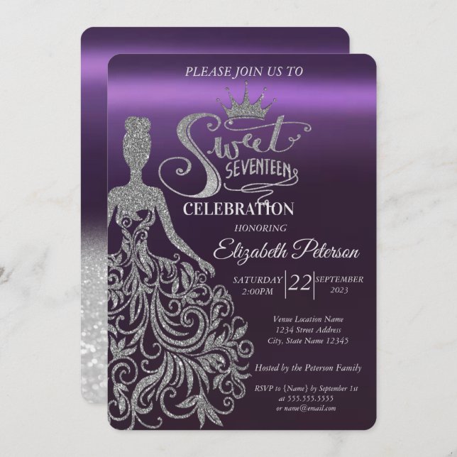 Silver Glitter Bokeh,Dress,Tiara,Purple Sweet 17  Invitation (Front/Back)