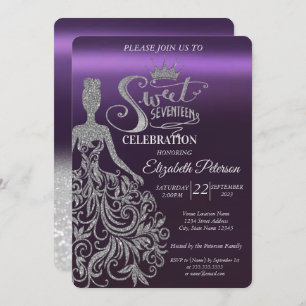 Silver Glitter Bokeh,Dress,Tiara,Purple Sweet 17  Invitation