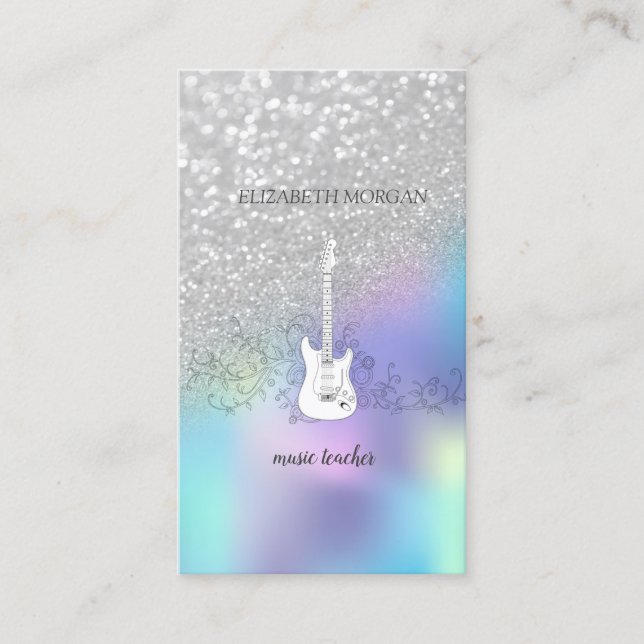 Silver Glitter Bokeh, Guitar,Blue Holographic Business Card (Front)