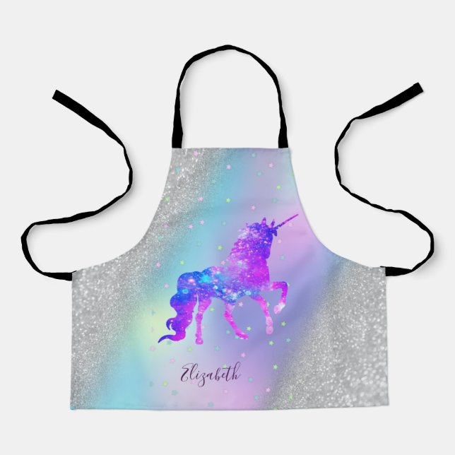 Silver Glitter Bokeh Holographic Unicorn Apron (Front)