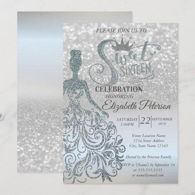 Silver Glitter Bokeh Ombre, Dress,Tiara,Sweet 16 Invitation (Front/Back)