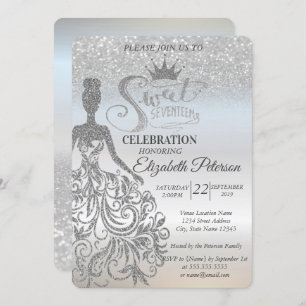 Silver Glitter Bokeh Ombre, Dress,Tiara,Sweet 17 Invitation