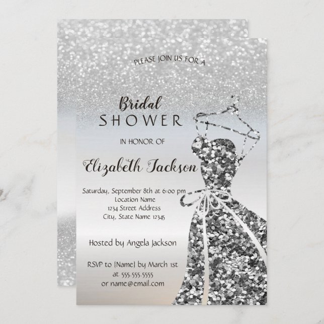Silver Glitter Bokeh, Sequins Dress Bridal Shower Invitation (Front/Back)