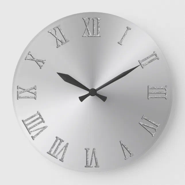 Silver Glitter Bold Roman Numerals Radial Ombre Large Clock | Zazzle
