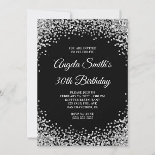 Silver Glitter Border Black 30th Birthday Invitation