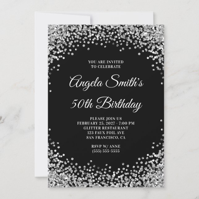 Silver Glitter Border Black 50th Birthday Invitation (Front)