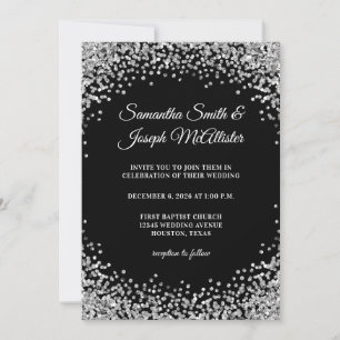 Silver Glitter Border Black Wedding Invitation