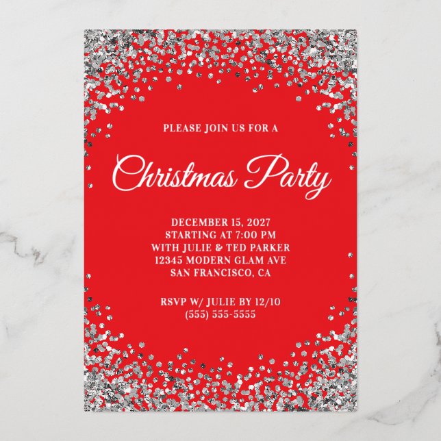 Silver Glitter Border Red Christmas Party (Front)