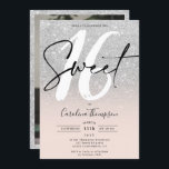 Silver glitter border script photo Sweet 16 Invitation<br><div class="desc">Looking for the perfect and coolest Sweet 16 birthday party invitation? Get this trendy and chic grey silver glitter ombre and soft pastel blush pink with a border script photo Sweet 16 invite, add your photo at the back with an elegant signature script. Just contact me if you would like...</div>