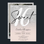 Silver glitter border script photo Sweet 16 Invitation<br><div class="desc">Looking for the perfect and coolest Sweet 16 birthday party invitation? Get this trendy and chic grey silver glitter ombre and soft pastel blush pink with a border script photo Sweet 16 invite, add your photo at the back with an elegant signature script. Just contact me if you would like...</div>