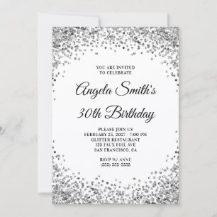 Silver Glitter Border White 30th Birthday Invitation