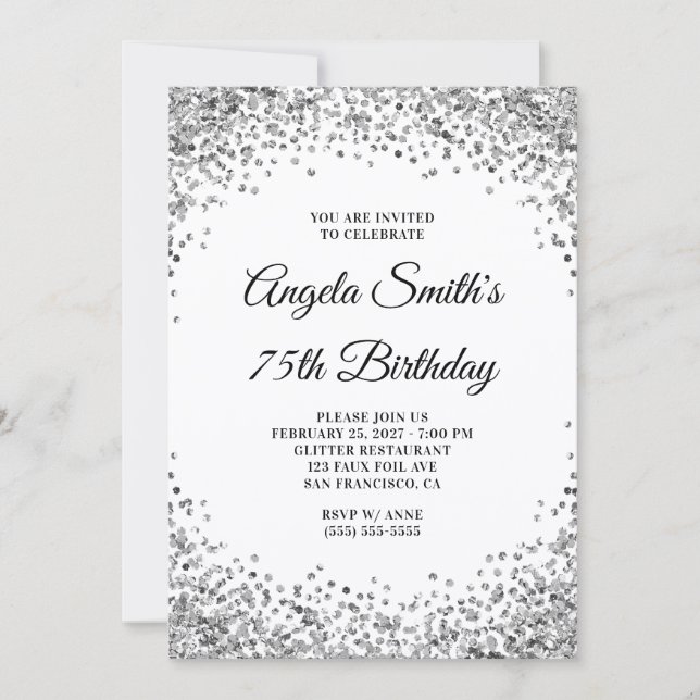 Silver Glitter Border White 75th Birthday Invitation (Front)
