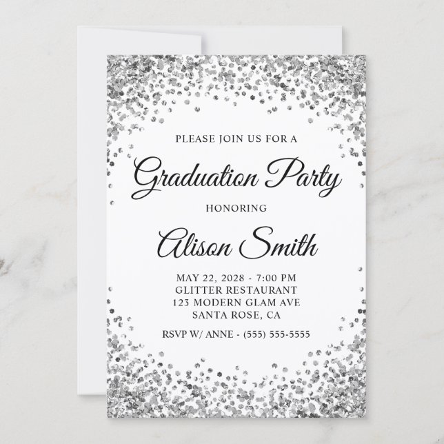 Silver Glitter Border White Graduation Party Invitation (Front)