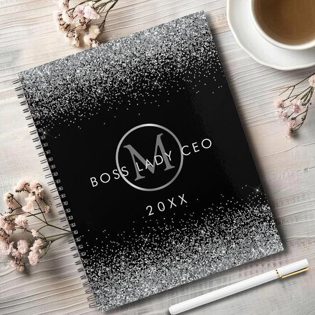 Silver Glitter Boss Lady CEO Monogram Planner (Sparkly Silver Glitter Boss Lady CEO Black Monogram Annual Planner)