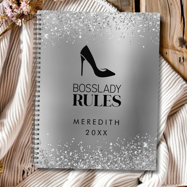 Silver Glitter Boss Lady Stiletto Logo Planner (Sparkly Silver Glitter Boss Lady Rules Stiletto Logo Personalized Planner)