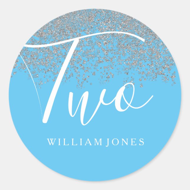 Silver Glitter Boys Blue 2nd birthday party Classic Round Sticker (Front)