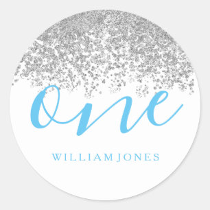 Silver Glitter Boys White Blue 1st birthday party Classic Round Sticker