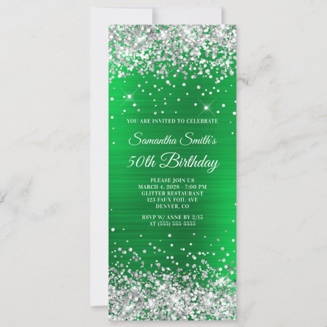 Silver Glitter Bright Green Foil 50th Birthday Invitation (Front)
