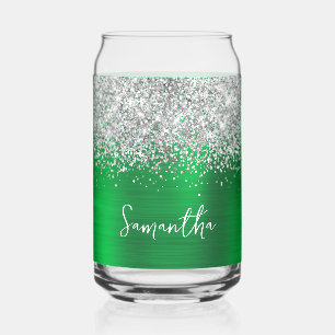Silver Glitter Bright Green Glam Name Can Glass