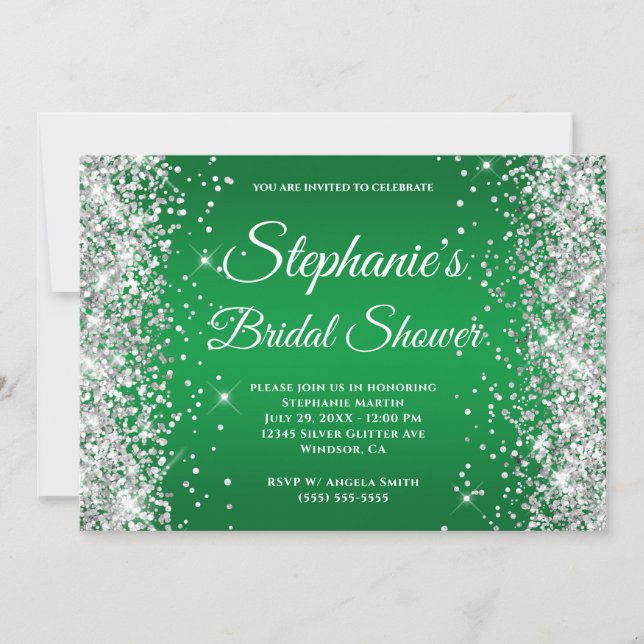 Silver Glitter Bright Green Ombre Fancy Monogram Invitation (Front)