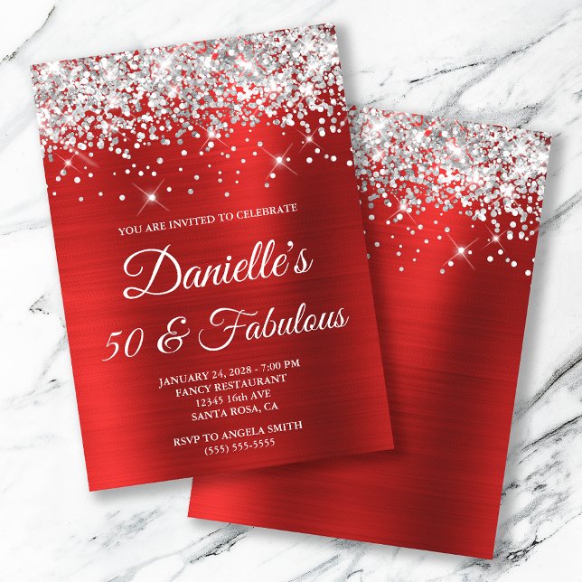 Silver Glitter Bright Red Foil 50 and Fabulous Invitation (Creator Uploaded)