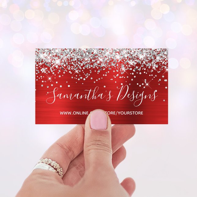 Silver Glitter Bright Red Foil Online Store Business Card (Silver Glitter Bright Red Foil Online Store Business Card)