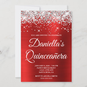 Silver Glitter Bright Red Foil Quinceañera Invitation