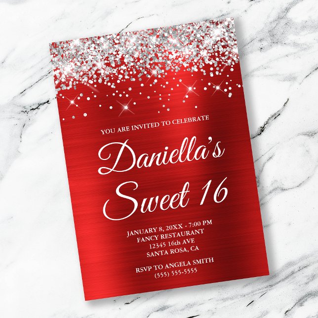 Silver Glitter Bright Red Foil Sweet 16 Invitation (Creator Uploaded)
