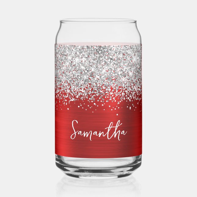 Silver Glitter Bright Red Glam Name Can Glass (Front)