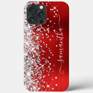 Silver Glitter Bright Red Modern Girly Signature iPhone 13 Pro Max Case