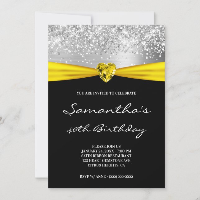 Silver Glitter Bright Yellow Heart 40th Birthday Invitation (Front)